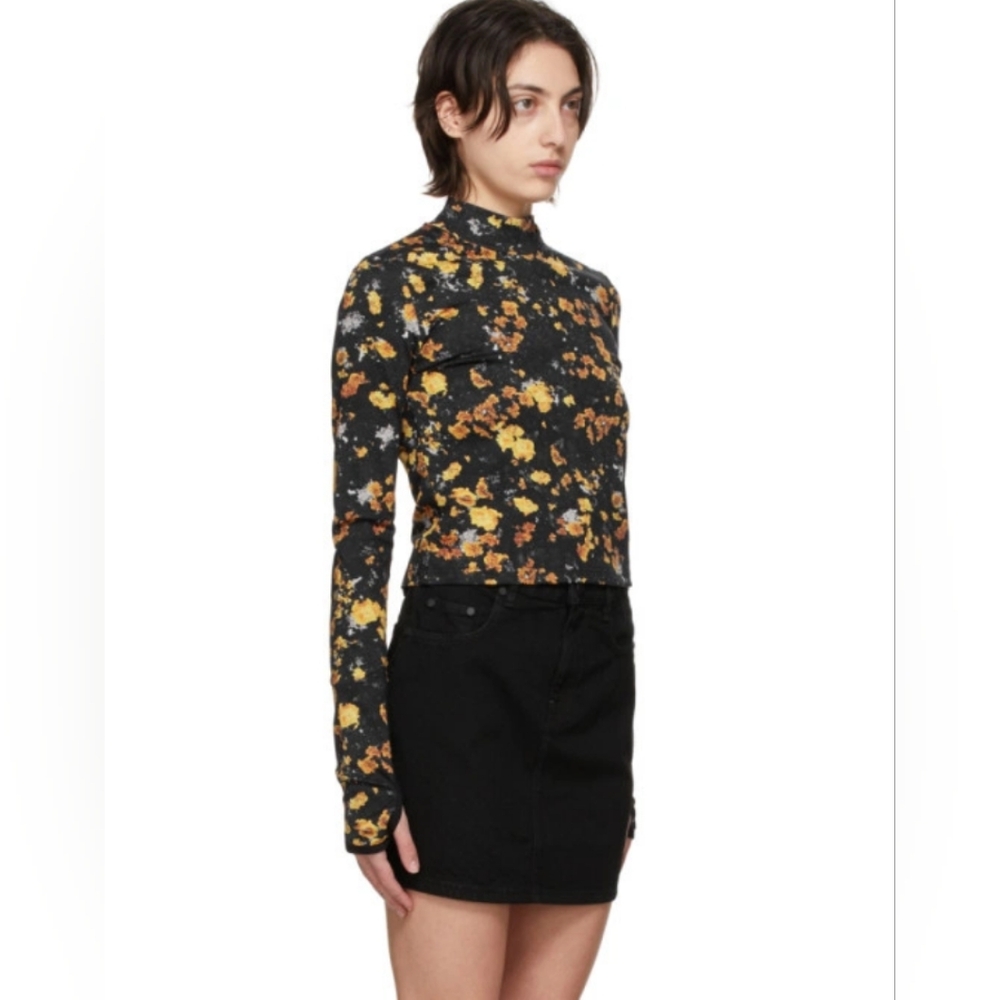 MCQ Black and Yellow Floral Top with Mock Neck And Thumb Holes
